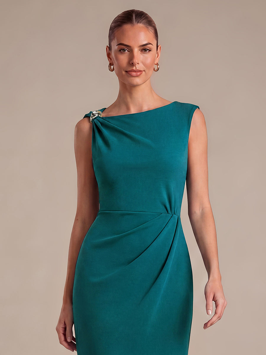 Midi Tea L?nge Etui Kleid Asymmetrischer Ausschnitt Krepp Elegante Passform Besondere Anl?sse #Farbe_Petrol