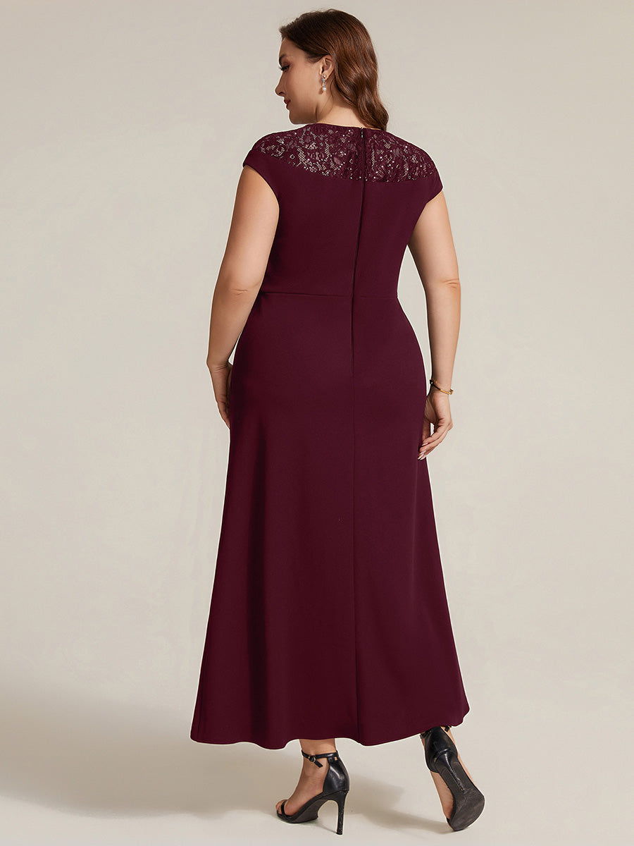 Asymmetrischer Saum Kleid Runder Ausschnitt A-Linien Kleid Krepp Transparent Pailletten Binden #Farbe_Burgunderrot