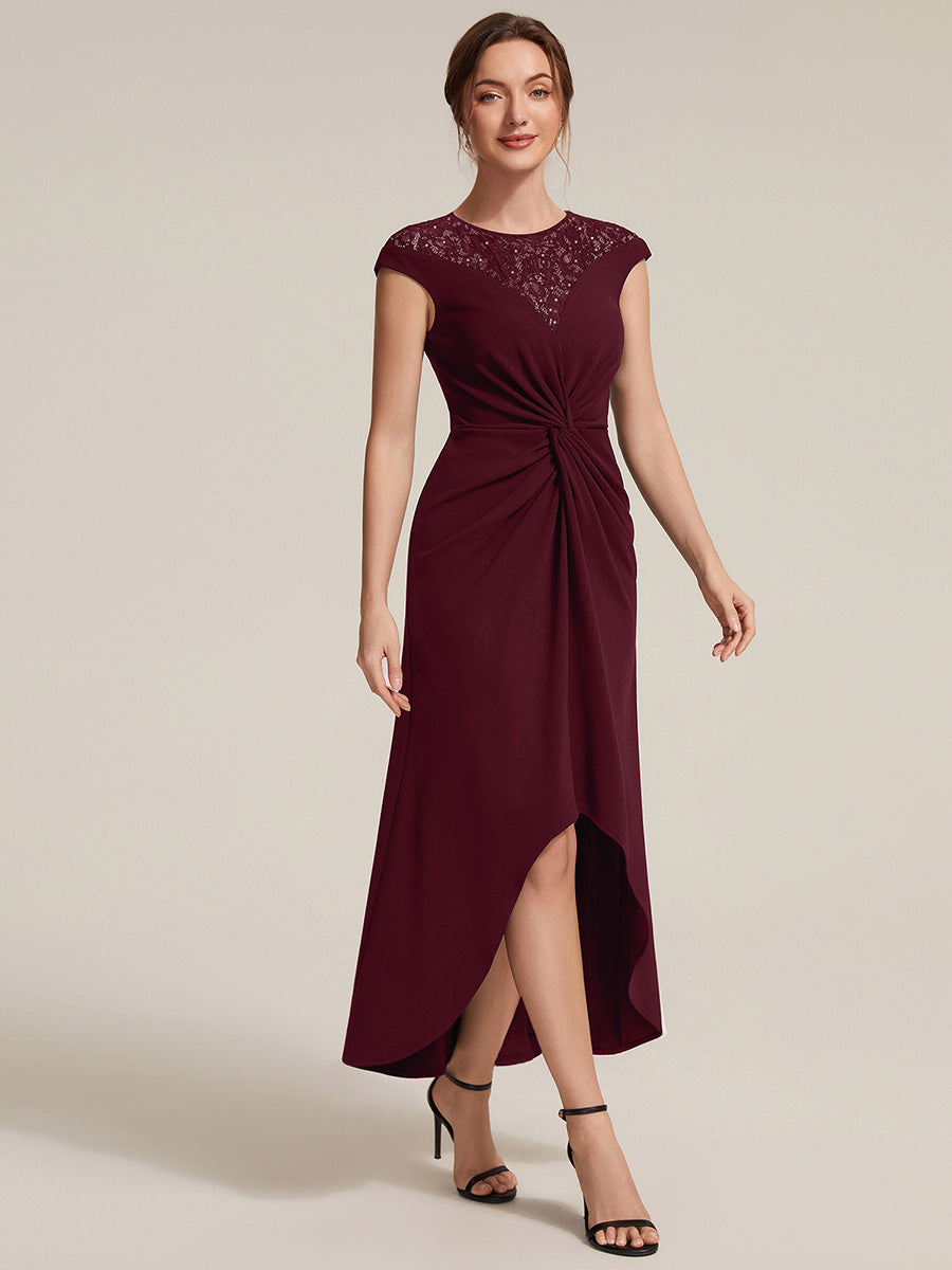 Asymmetrischer Saum Kleid Runder Ausschnitt A-Linien Kleid Krepp Transparent Pailletten Binden #Farbe_Burgunderrot