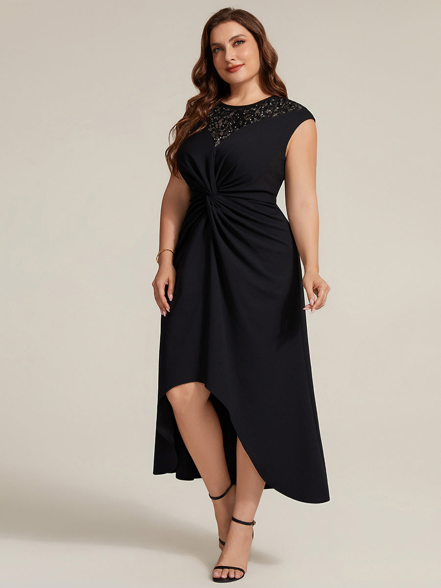 Asymmetrischer Saum Kleid Runder Ausschnitt A-Linien Kleid Krepp Transparent Pailletten Binden #Farbe_Schwarz