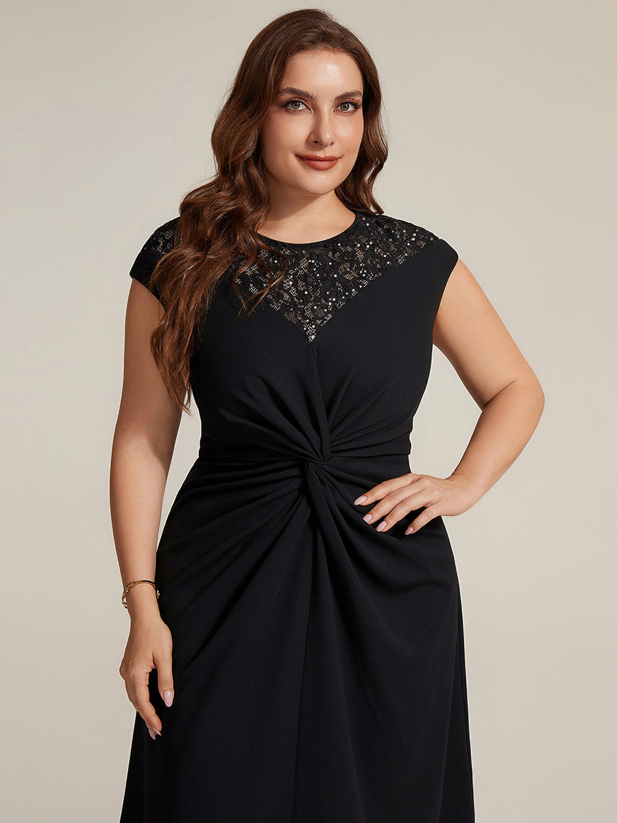 Asymmetrischer Saum Kleid Runder Ausschnitt A-Linien Kleid Krepp Transparent Pailletten Binden #Farbe_Schwarz