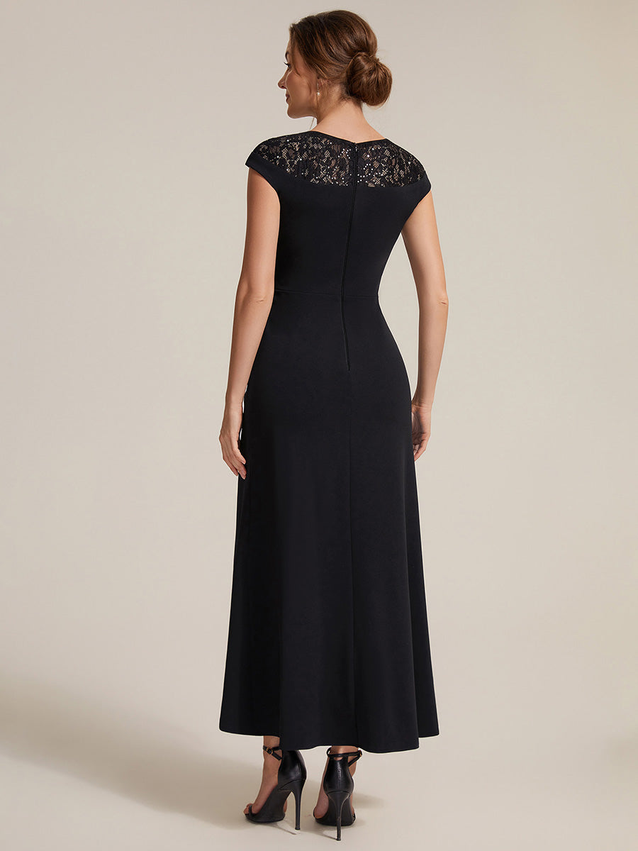 Asymmetrischer Saum Kleid Runder Ausschnitt A-Linien Kleid Krepp Transparent Pailletten Binden #Farbe_Schwarz