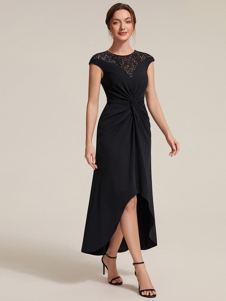 Asymmetrischer Saum Kleid Runder Ausschnitt A-Linien Kleid Krepp Transparent Pailletten Binden #Farbe_Schwarz