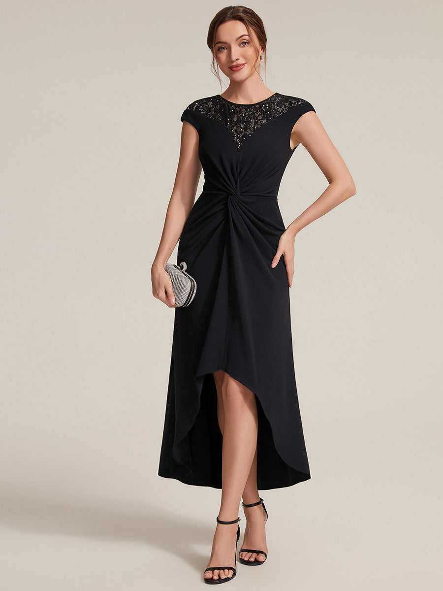 Asymmetrischer Saum Kleid Runder Ausschnitt A-Linien Kleid Krepp Transparent Pailletten Binden #Farbe_Schwarz