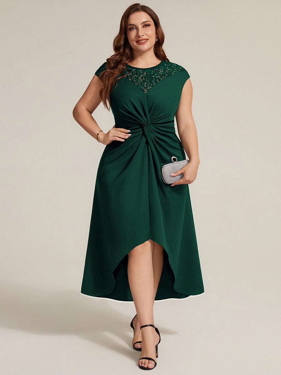 Asymmetrischer Saum Kleid Runder Ausschnitt A-Linien Kleid Krepp Transparent Pailletten Binden #Farbe_Dunkelgrün