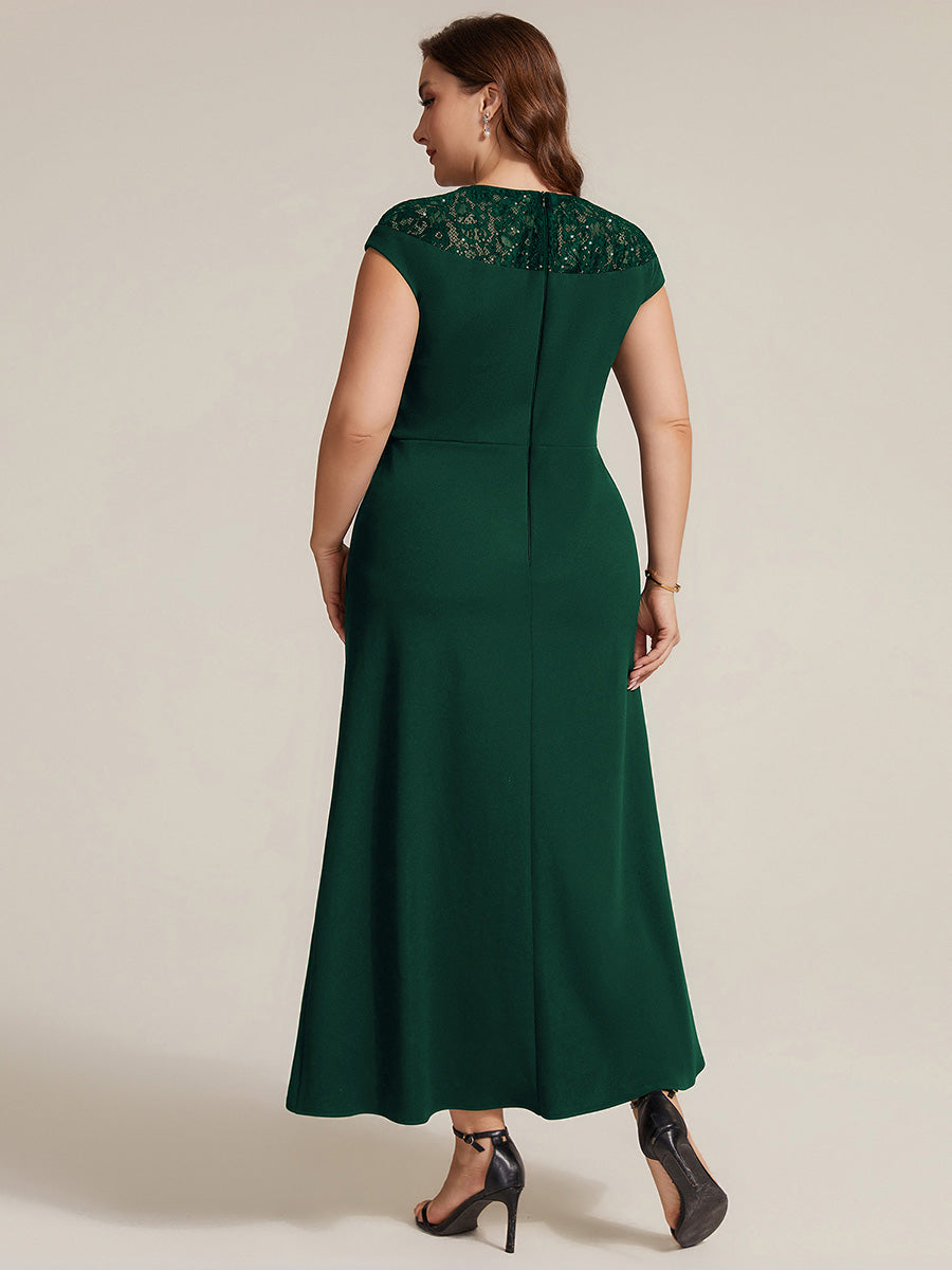 Asymmetrischer Saum Kleid Runder Ausschnitt A-Linien Kleid Krepp Transparent Pailletten Binden #Farbe_Dunkelgrün