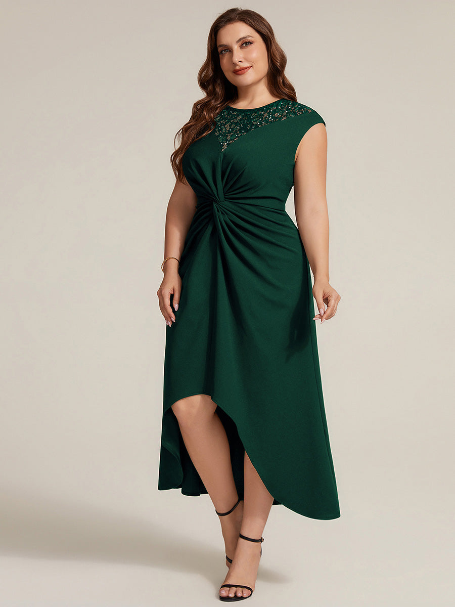Asymmetrischer Saum Kleid Runder Ausschnitt A-Linien Kleid Krepp Transparent Pailletten Binden #Farbe_Dunkelgrün