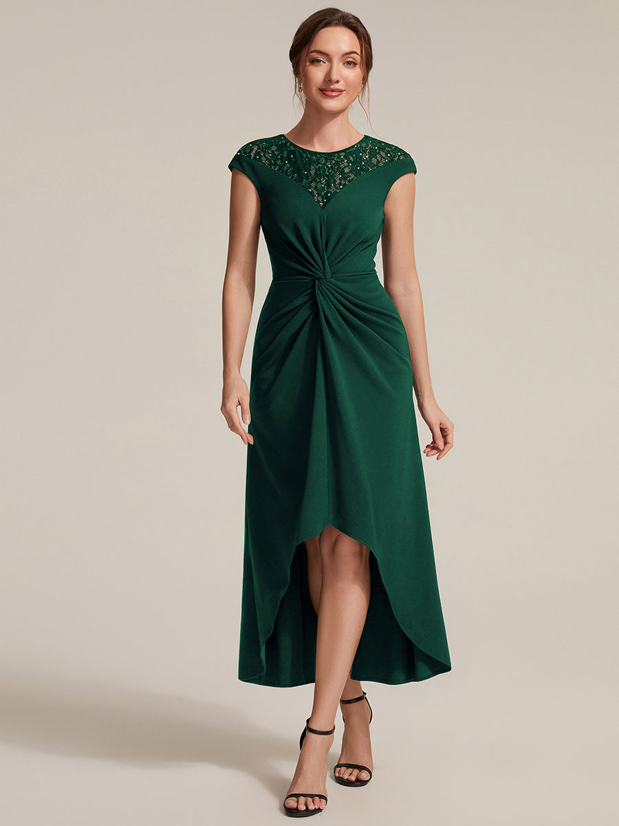 Asymmetrischer Saum Kleid Runder Ausschnitt A-Linien Kleid Krepp Transparent Pailletten Binden #Farbe_Dunkelgrün