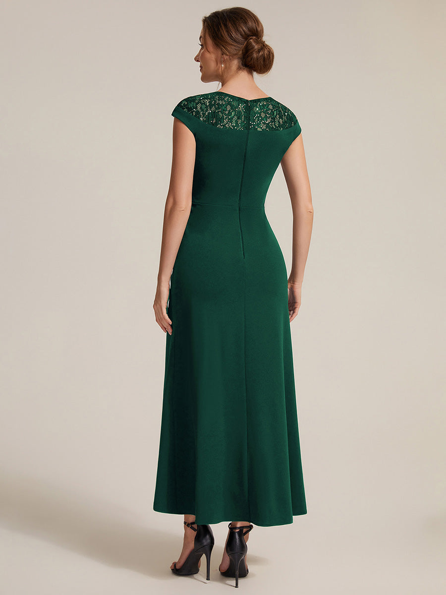 Asymmetrischer Saum Kleid Runder Ausschnitt A-Linien Kleid Krepp Transparent Pailletten Binden #Farbe_Dunkelgrün