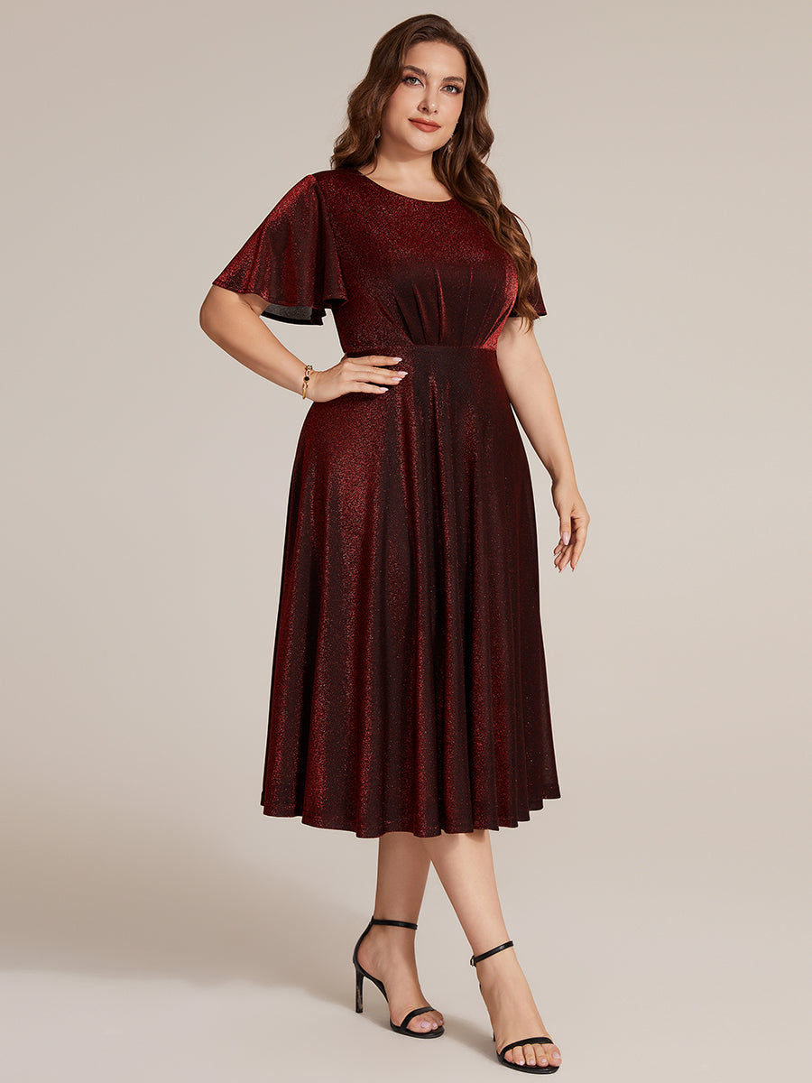 Midi Tea L?nge A Linie Kleid Runder Ausschnitt Lurex Netzstoff 3D Drapierung Eleganter Look #Farbe_Burgunderrot