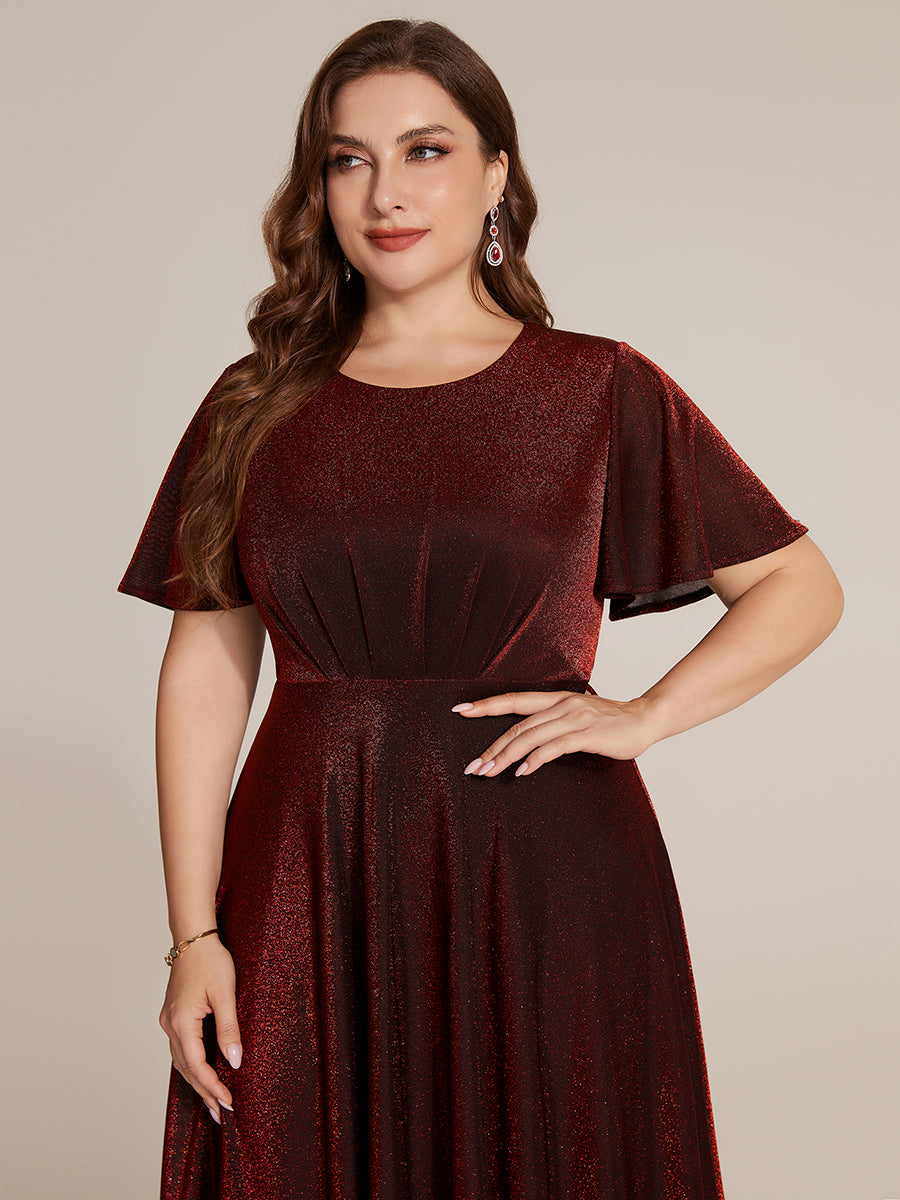 Midi Tea L?nge A Linie Kleid Runder Ausschnitt Lurex Netzstoff 3D Drapierung Eleganter Look #Farbe_Burgunderrot