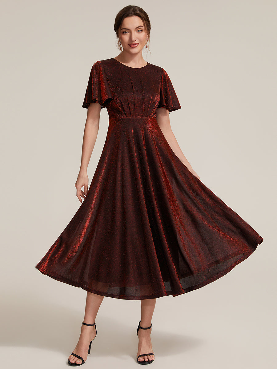 Midi Tea L?nge A Linie Kleid Runder Ausschnitt Lurex Netzstoff 3D Drapierung Eleganter Look #Farbe_Burgunderrot