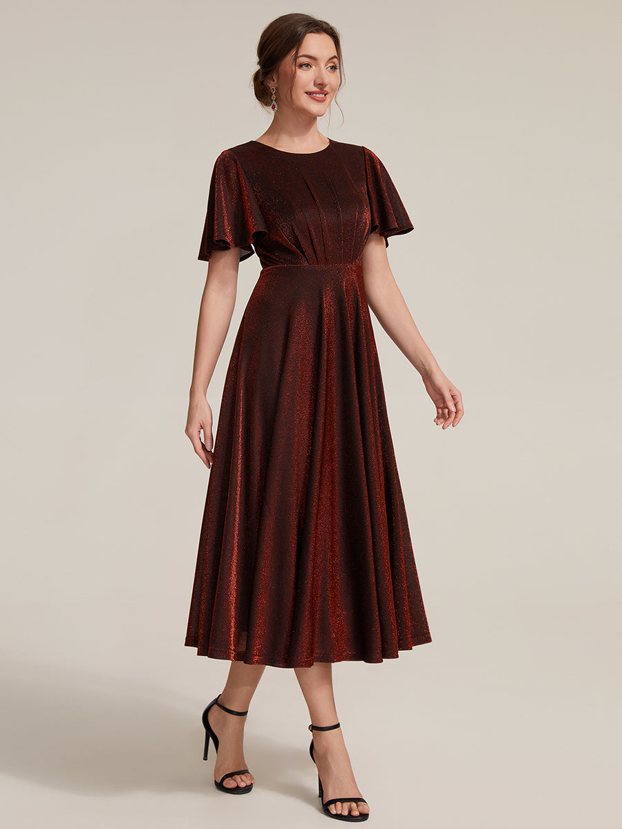 Midi Tea L?nge A Linie Kleid Runder Ausschnitt Lurex Netzstoff 3D Drapierung Eleganter Look #Farbe_Burgunderrot