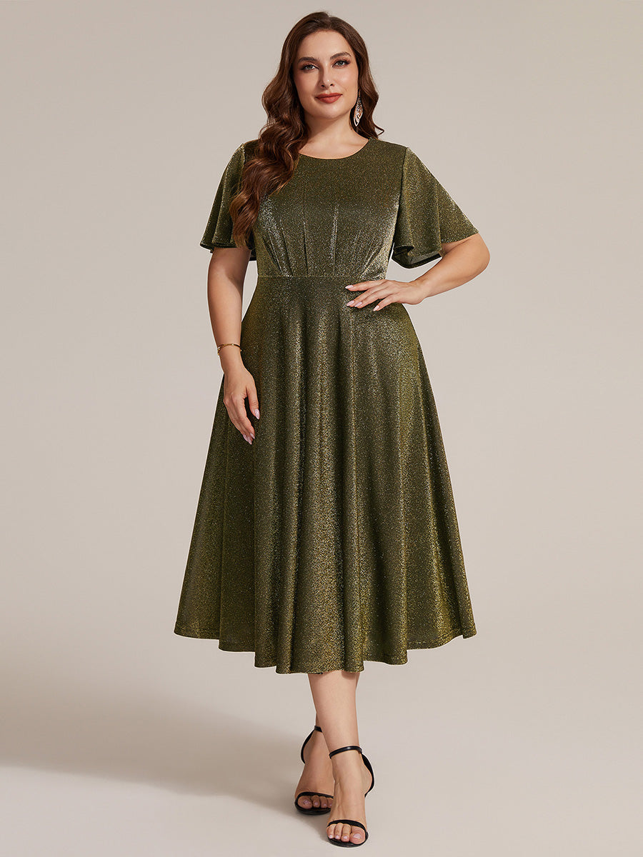 Midi Tea L?nge A Linie Kleid Runder Ausschnitt Lurex Netzstoff 3D Drapierung Eleganter Look #Farbe_Goldmetallic