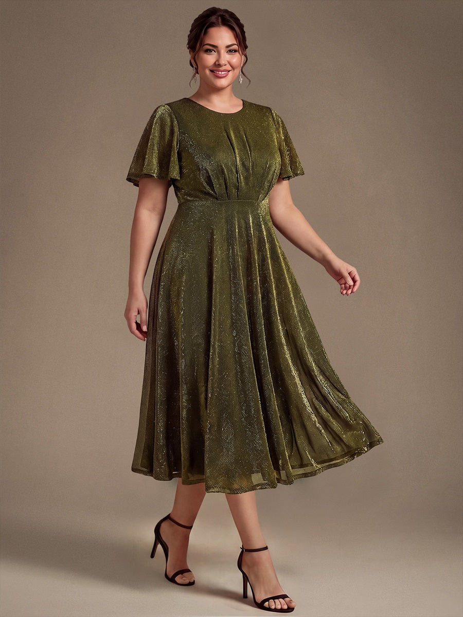 Midi Tea L?nge A Linie Kleid Runder Ausschnitt Lurex Netzstoff 3D Drapierung Eleganter Look #Farbe_Goldmetallic