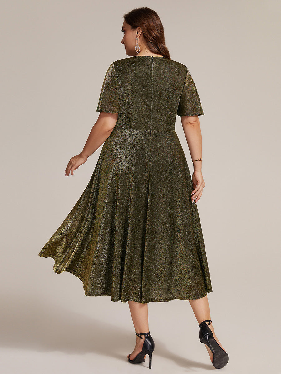 Midi Tea L?nge A Linie Kleid Runder Ausschnitt Lurex Netzstoff 3D Drapierung Eleganter Look #Farbe_Goldmetallic