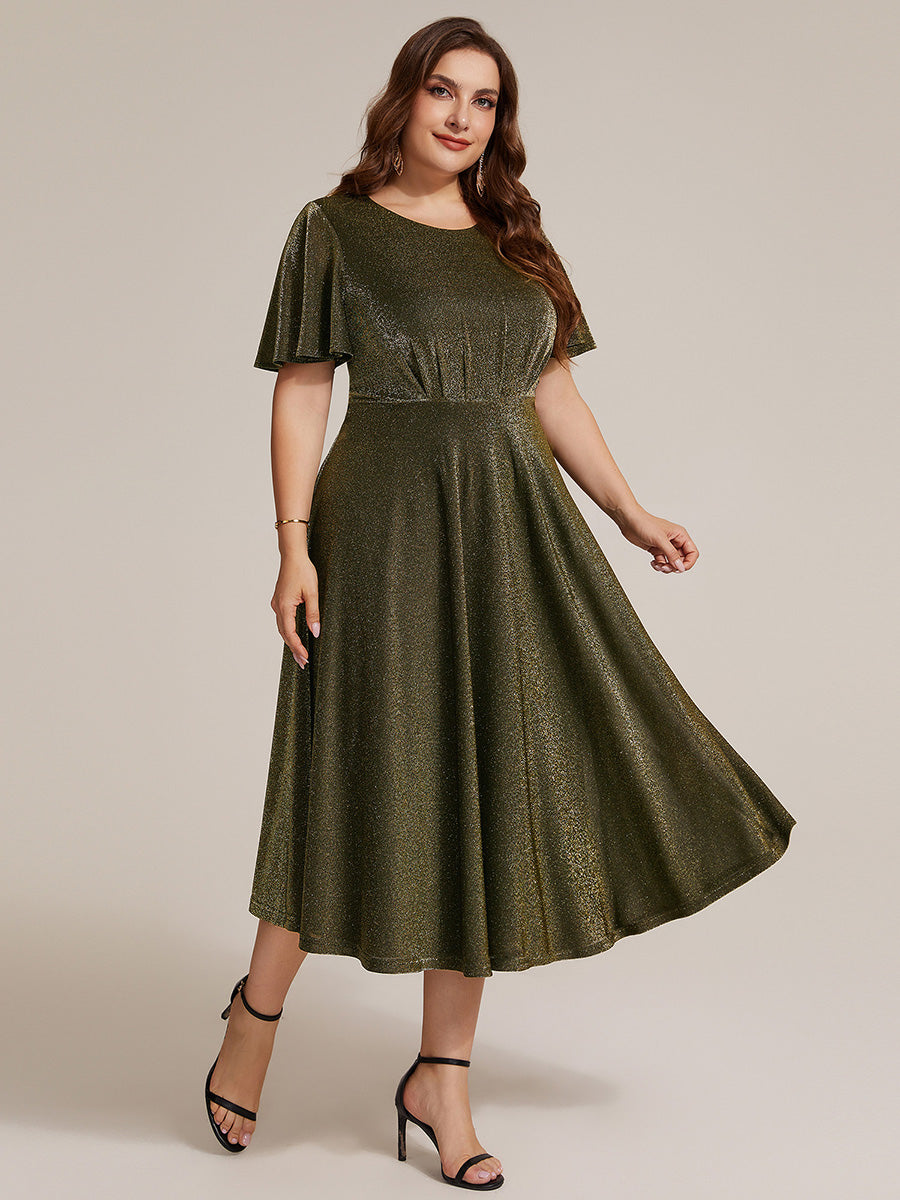 Midi Tea L?nge A Linie Kleid Runder Ausschnitt Lurex Netzstoff 3D Drapierung Eleganter Look #Farbe_Goldmetallic