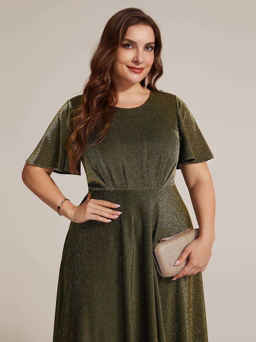 Midi Tea L?nge A Linie Kleid Runder Ausschnitt Lurex Netzstoff 3D Drapierung Eleganter Look #Farbe_Goldmetallic