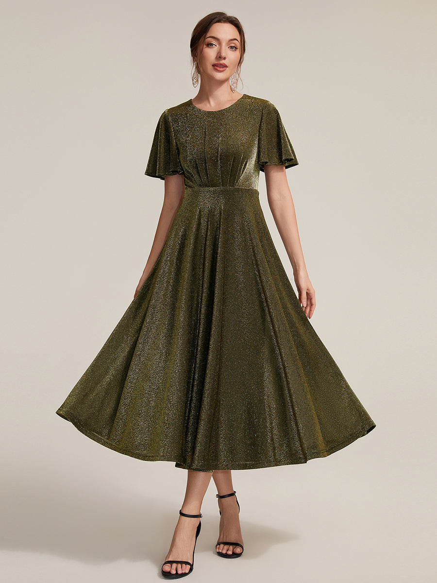 Midi Tea L?nge A Linie Kleid Runder Ausschnitt Lurex Netzstoff 3D Drapierung Eleganter Look #Farbe_Goldmetallic