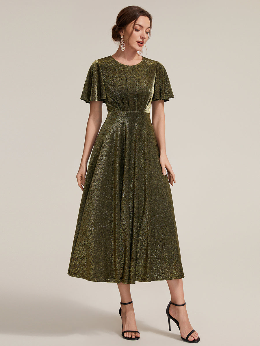 Midi Tea L?nge A Linie Kleid Runder Ausschnitt Lurex Netzstoff 3D Drapierung Eleganter Look #Farbe_Goldmetallic