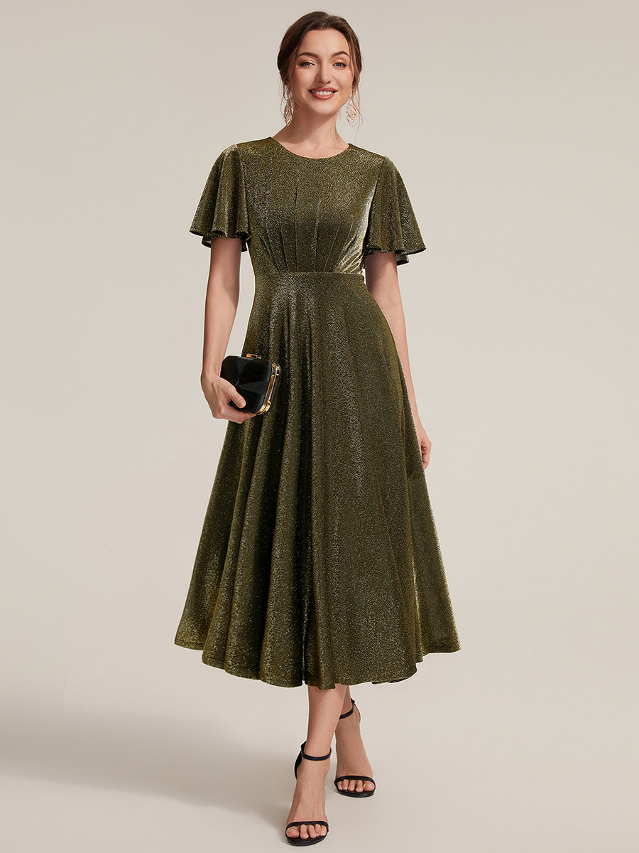 Midi Tea L?nge A Linie Kleid Runder Ausschnitt Lurex Netzstoff 3D Drapierung Eleganter Look #Farbe_Goldmetallic