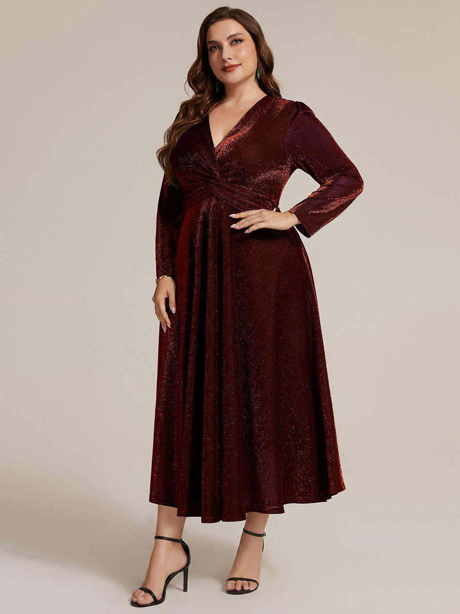 Tea Länge A Linie Kleid Mit Überkreuztem Ausschnitt Aus Lurex Netzstoff Perfekt Für Binden #Farbe_Burgunderrot
