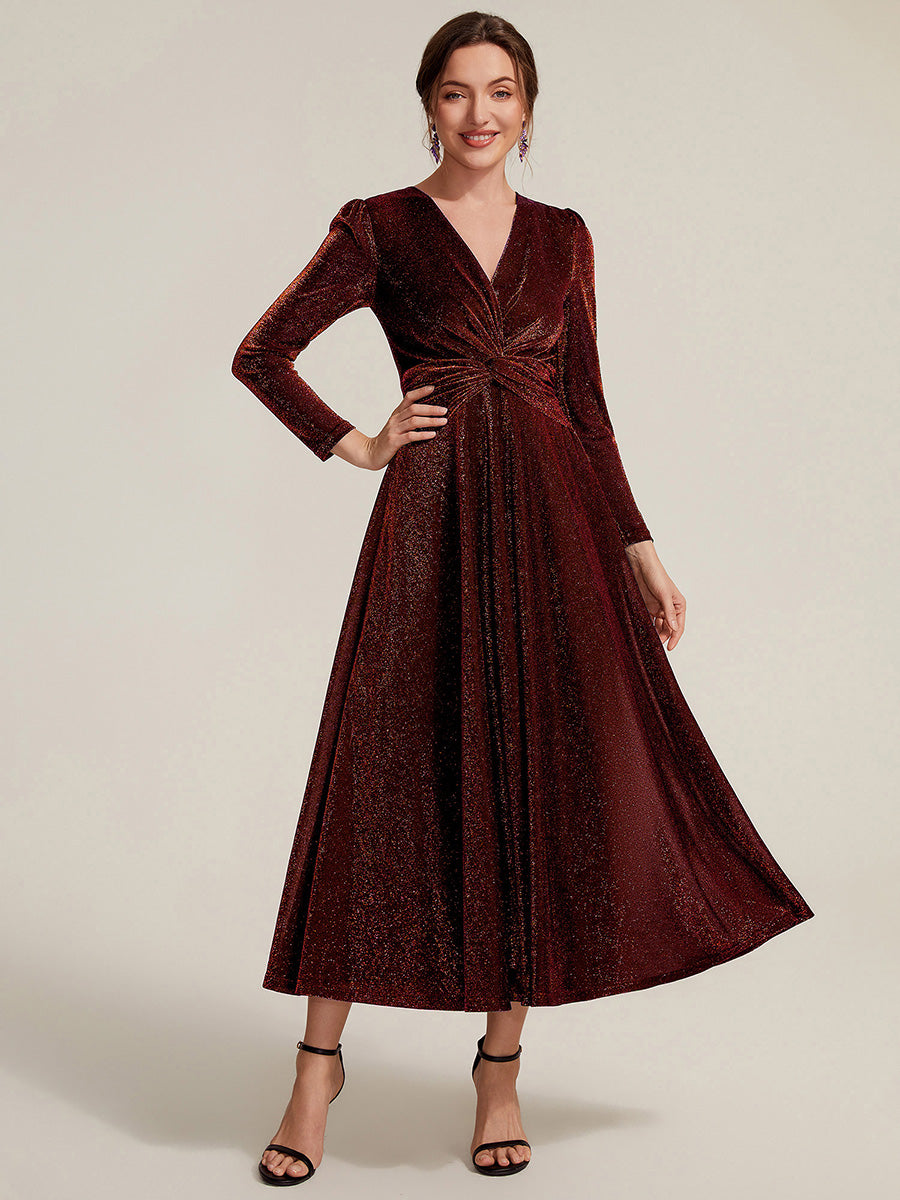 Tea Länge A Linie Kleid Mit Überkreuztem Ausschnitt Aus Lurex Netzstoff Perfekt Für Binden #Farbe_Burgunderrot