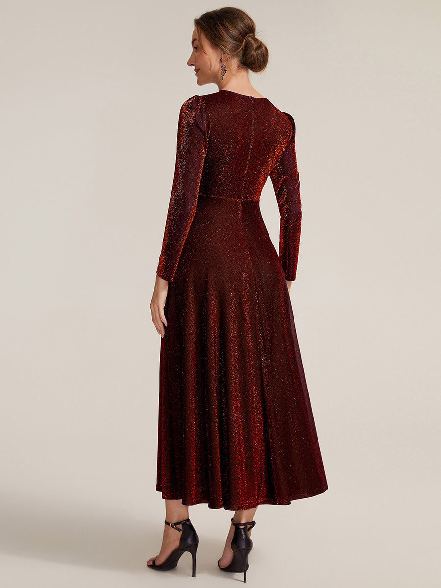 Tea Länge A Linie Kleid Mit Überkreuztem Ausschnitt Aus Lurex Netzstoff Perfekt Für Binden #Farbe_Burgunderrot