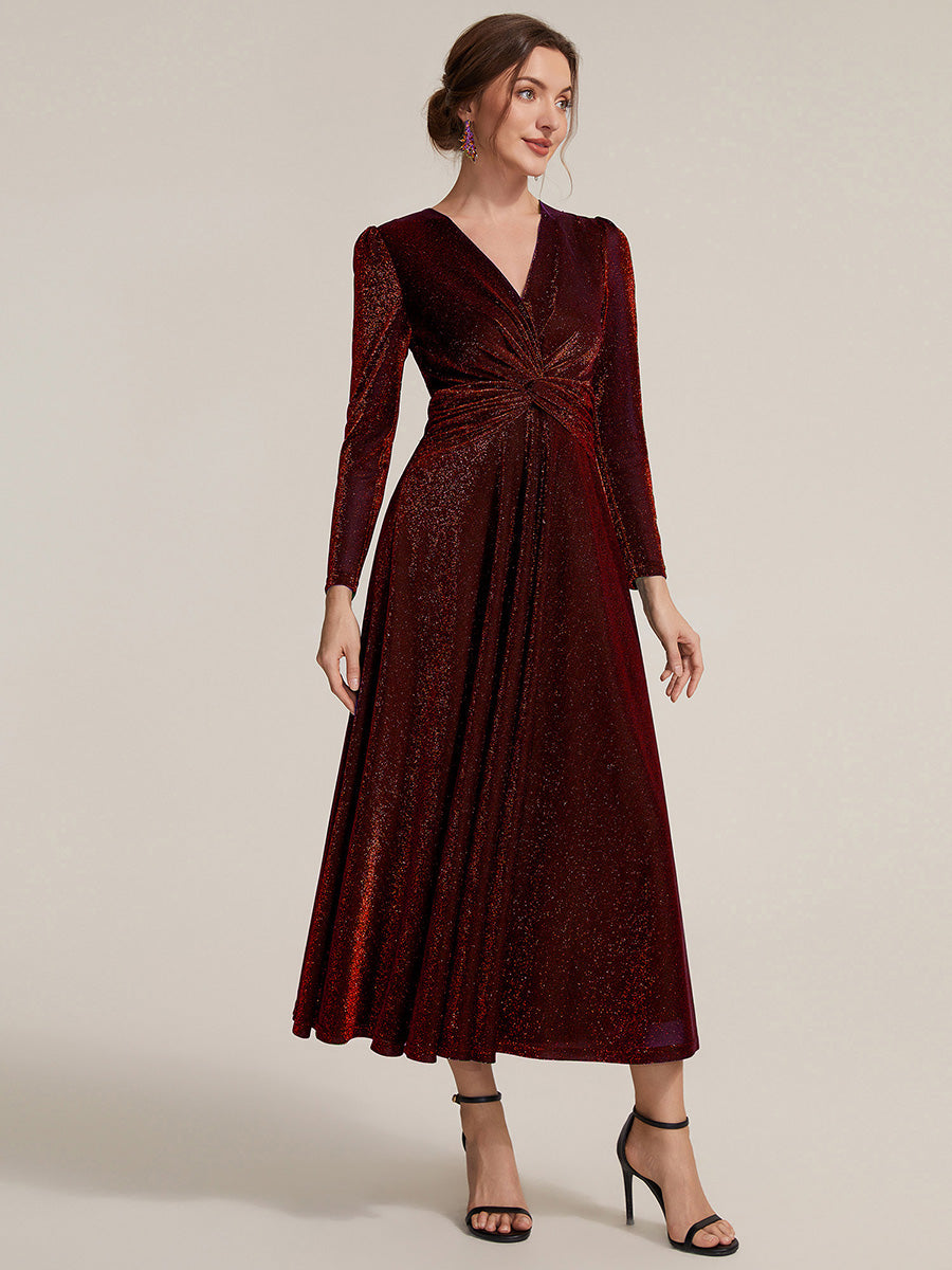 Tea Länge A Linie Kleid Mit Überkreuztem Ausschnitt Aus Lurex Netzstoff Perfekt Für Binden #Farbe_Burgunderrot