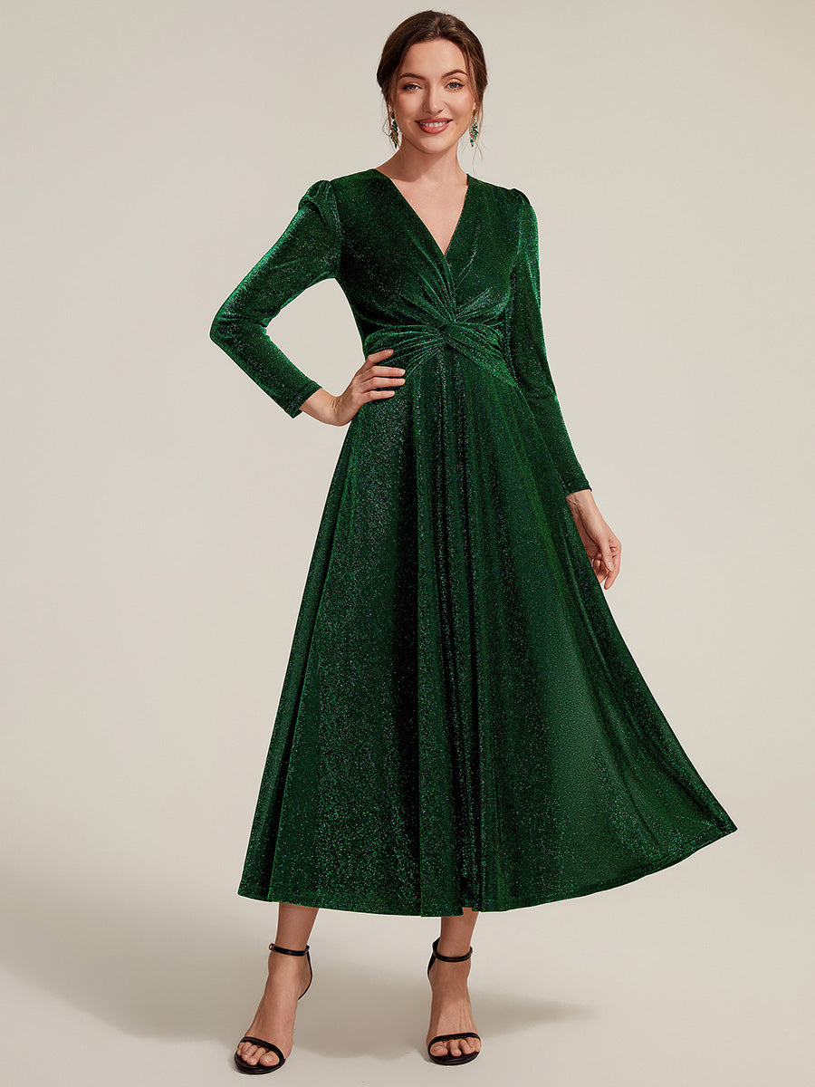 Tea Länge A Linie Kleid Mit Überkreuztem Ausschnitt Aus Lurex Netzstoff Perfekt Für Binden #Farbe_Dunkelgrün