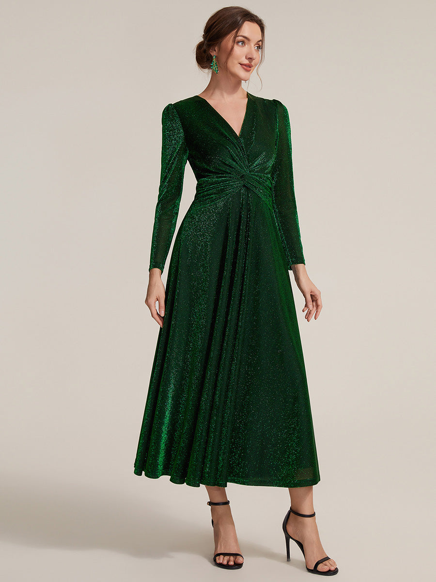 Tea Länge A Linie Kleid Mit Überkreuztem Ausschnitt Aus Lurex Netzstoff Perfekt Für Binden #Farbe_Dunkelgrün