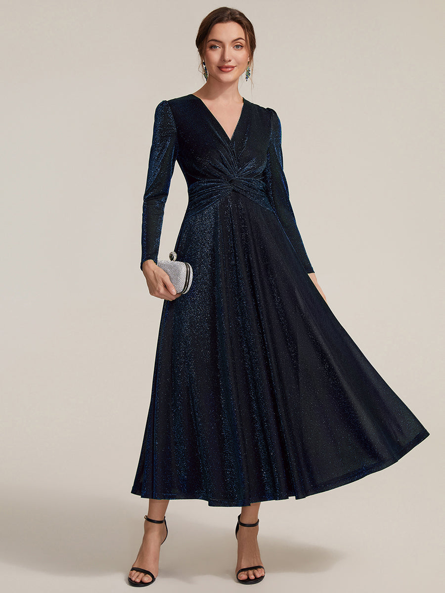 Tea Länge A Linie Kleid Mit Überkreuztem Ausschnitt Aus Lurex Netzstoff Perfekt Für Binden #Farbe_Marineblau