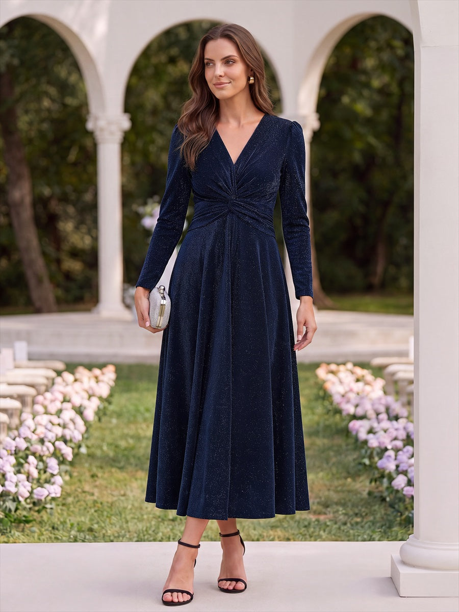 Tea Länge A Linie Kleid Mit Überkreuztem Ausschnitt Aus Lurex Netzstoff Perfekt Für Binden #Farbe_Marineblau