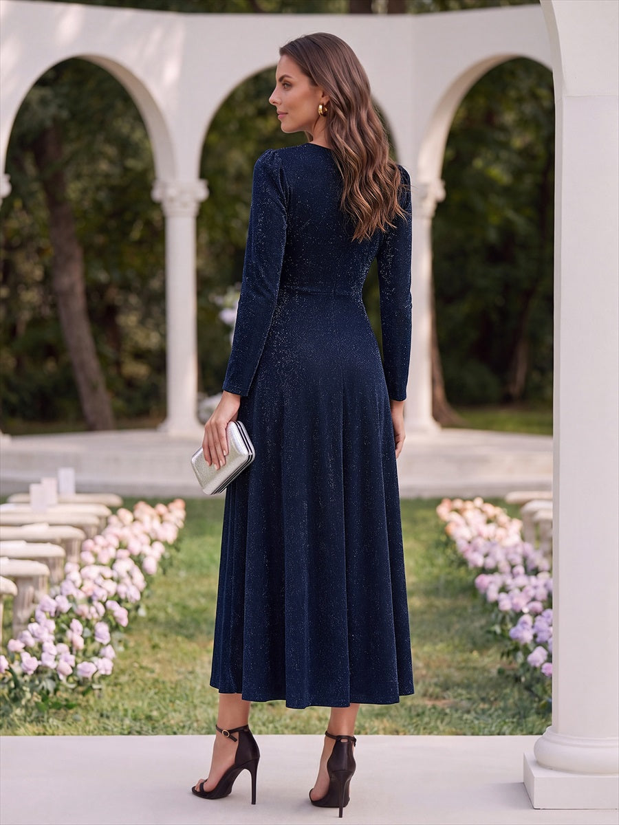Tea Länge A Linie Kleid Mit Überkreuztem Ausschnitt Aus Lurex Netzstoff Perfekt Für Binden #Farbe_Marineblau