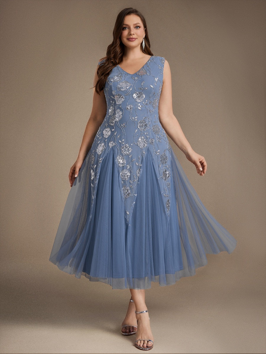 Ärmelloses Paillettenkleid mit Perlenstickerei und V-Ausschnitt hochzeitsgastkleid #Farbe_Taubenblau