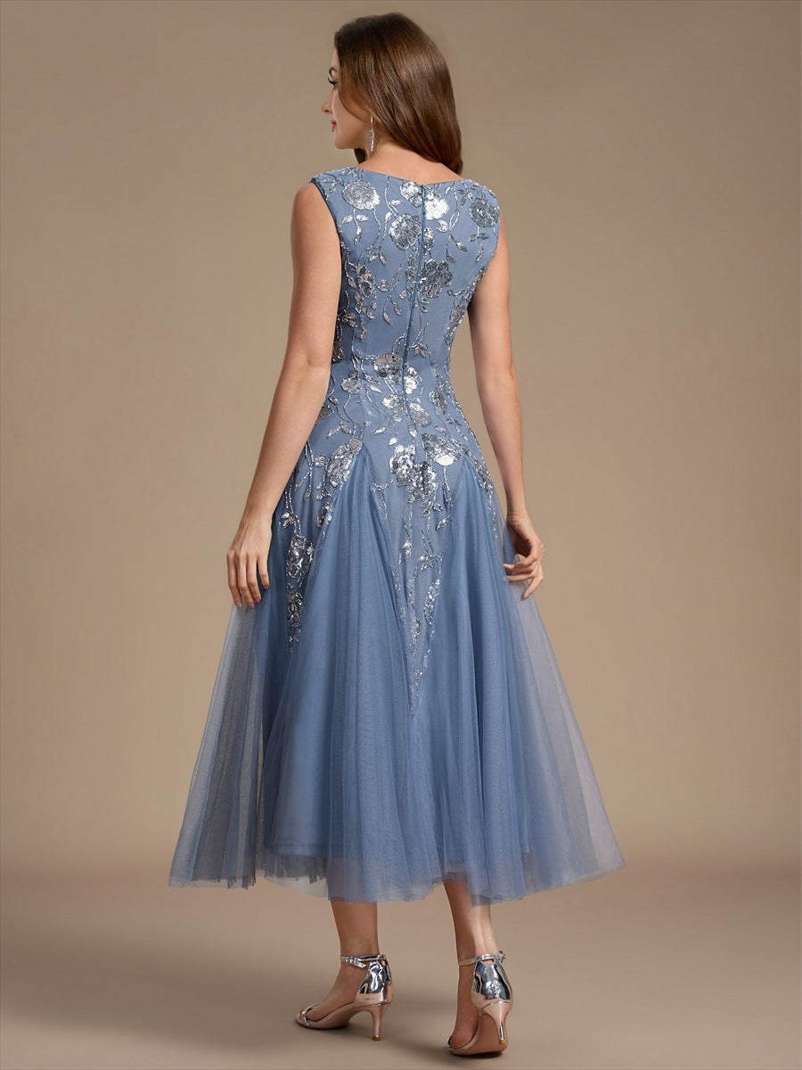 Ärmelloses Paillettenkleid mit Perlenstickerei und V-Ausschnitt hochzeitsgastkleid #Farbe_Taubenblau