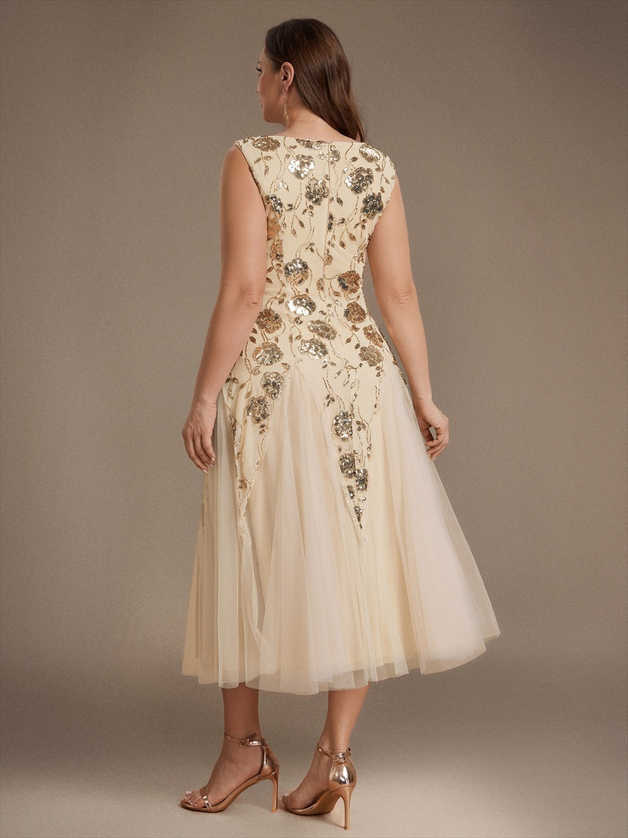 Ärmelloses Paillettenkleid mit Perlenstickerei und V-Ausschnitt hochzeitsgastkleid #Farbe_Gold