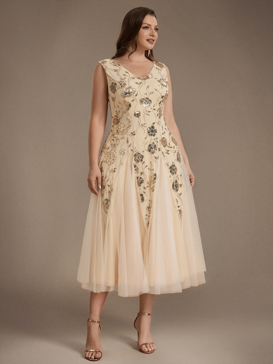 Ärmelloses Paillettenkleid mit Perlenstickerei und V-Ausschnitt hochzeitsgastkleid #Farbe_Gold