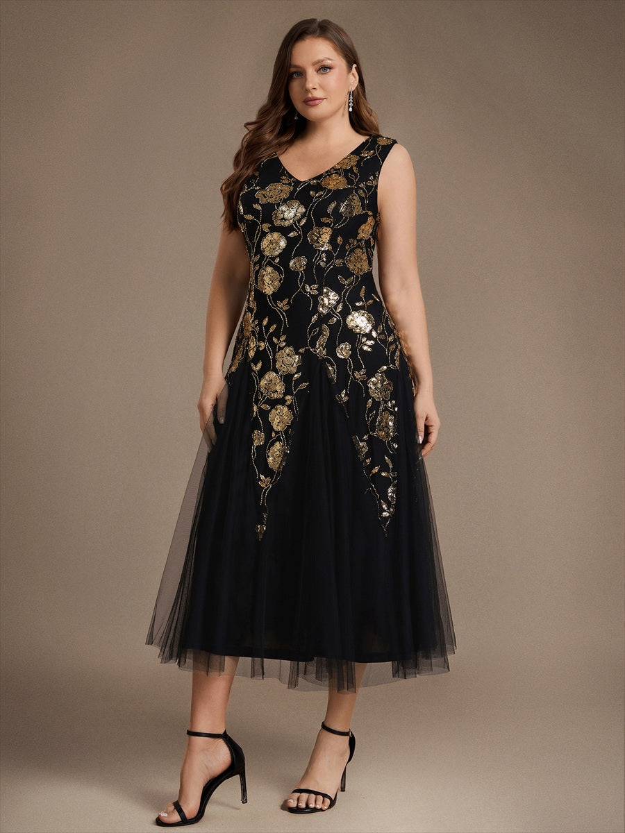 Ärmelloses Paillettenkleid mit Perlenstickerei und V-Ausschnitt hochzeitsgastkleid #Farbe_Schwarz & Gold