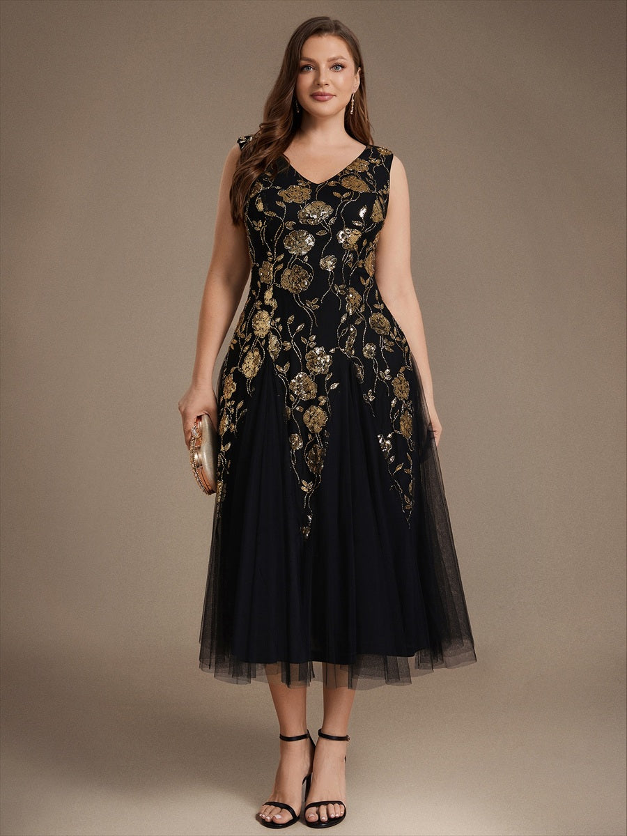 Ärmelloses Paillettenkleid mit Perlenstickerei und V-Ausschnitt hochzeitsgastkleid #Farbe_Schwarz & Gold