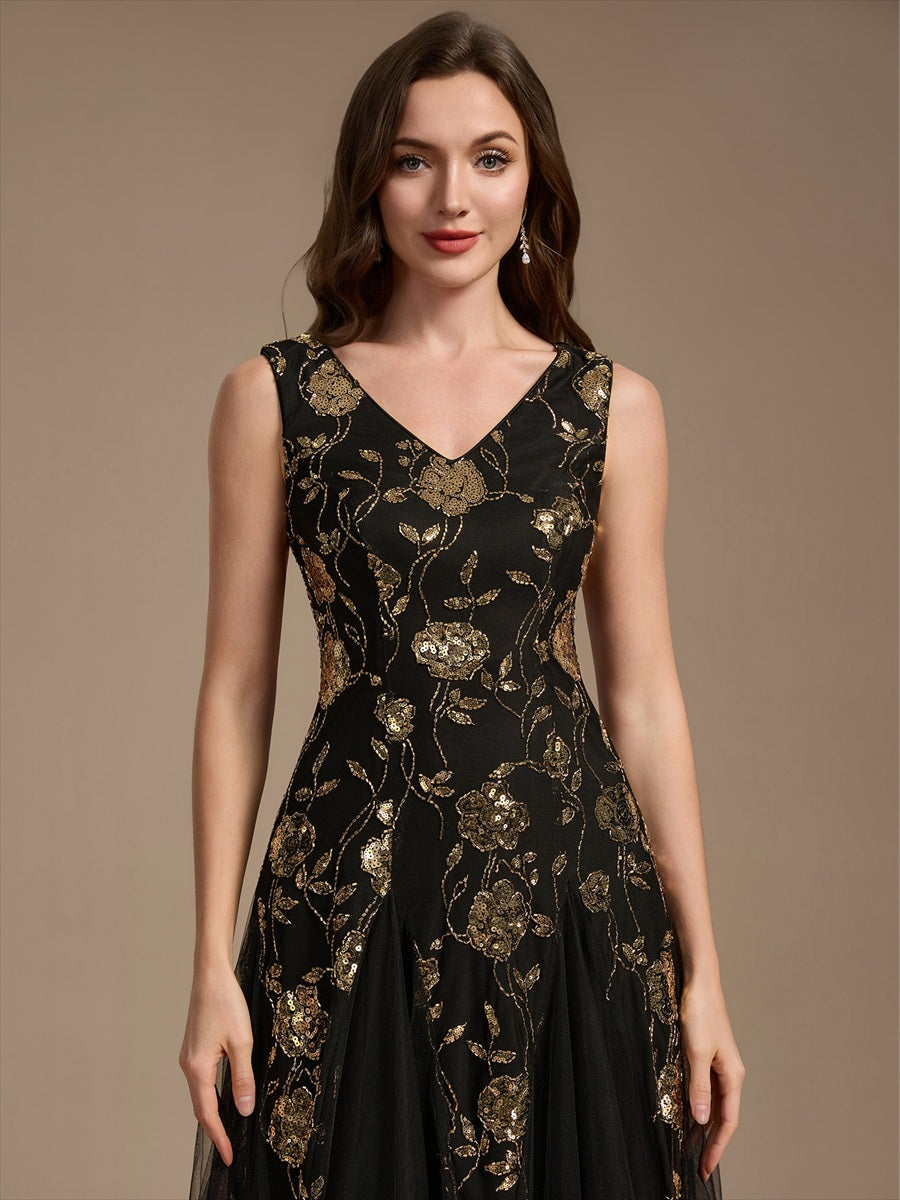 Ärmelloses Paillettenkleid mit Perlenstickerei und V-Ausschnitt hochzeitsgastkleid #Farbe_Schwarz & Gold