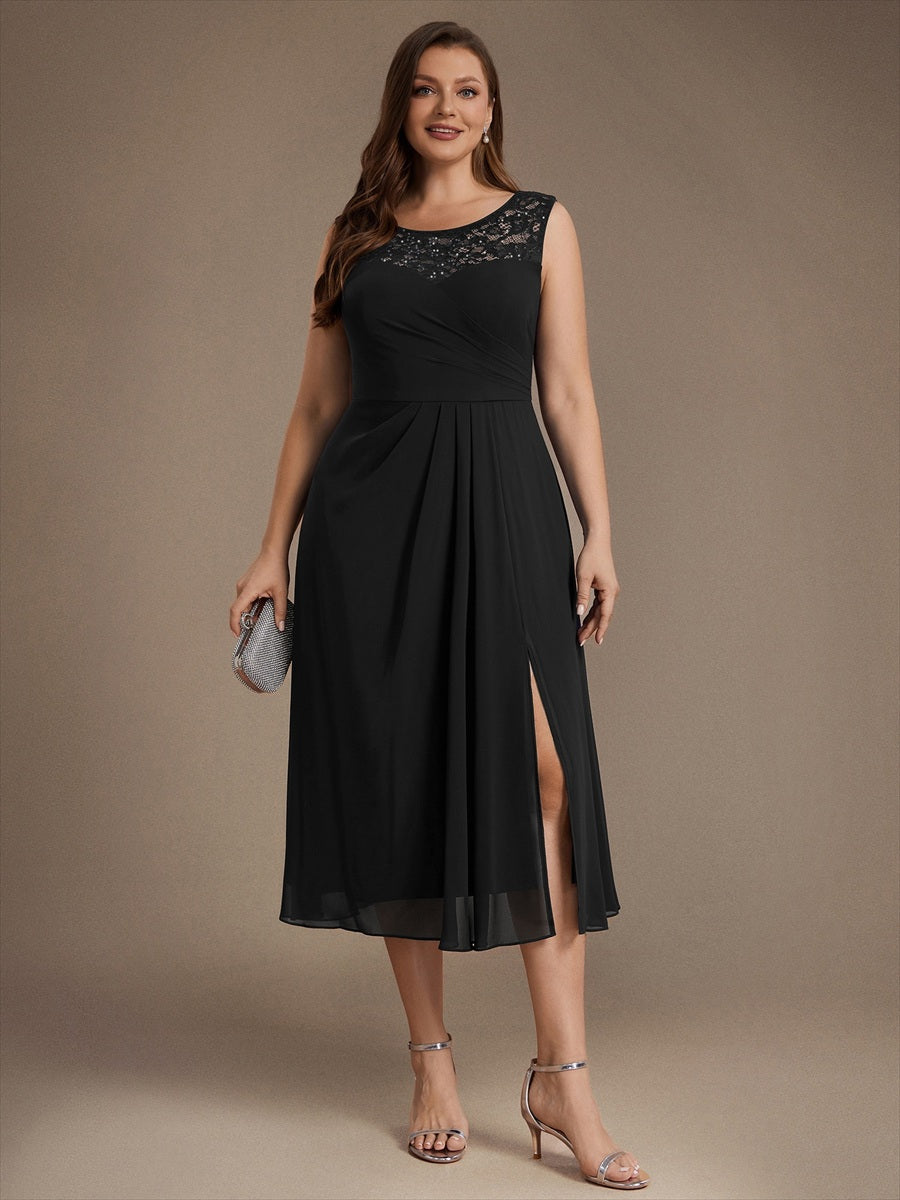Chiffon mit A-Linie, Ärmellos, und hochzeitsgastkleid #Farbe_Schwarz