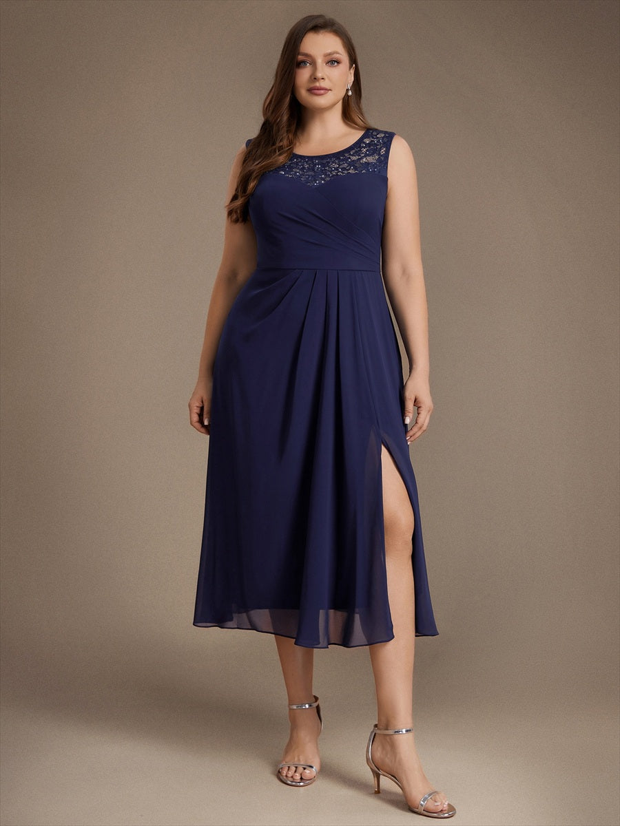 Chiffon mit A-Linie, Ärmellos, und hochzeitsgastkleid #Farbe_Marineblau
