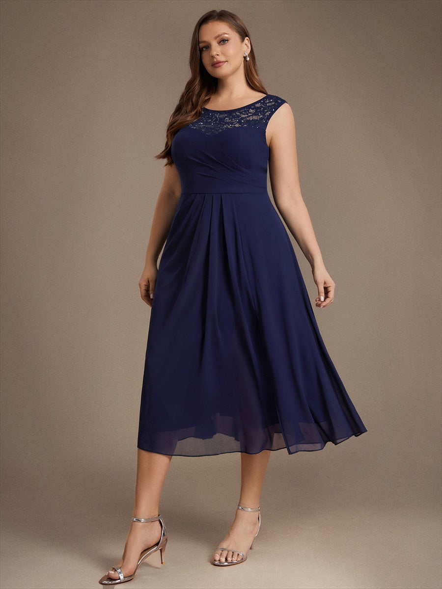 Chiffon mit A-Linie, Ärmellos, und hochzeitsgastkleid #Farbe_Marineblau
