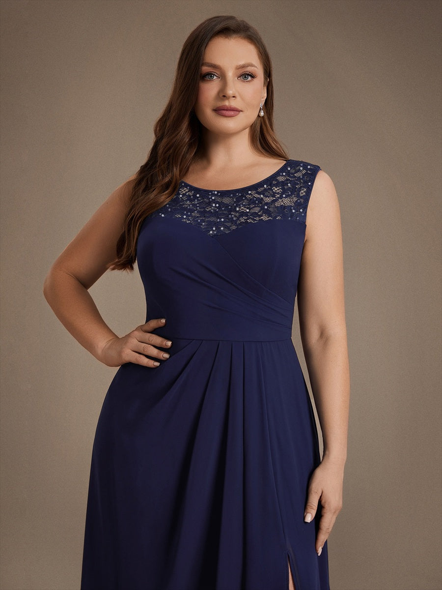 Chiffon mit A-Linie, Ärmellos, und hochzeitsgastkleid #Farbe_Marineblau