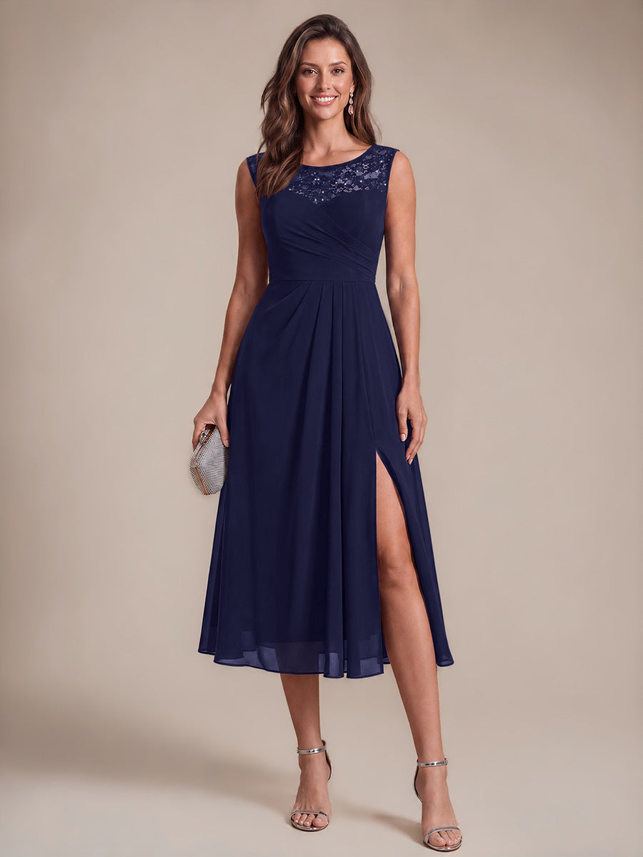 Chiffon mit A-Linie, Ärmellos, und hochzeitsgastkleid #Farbe_Marineblau