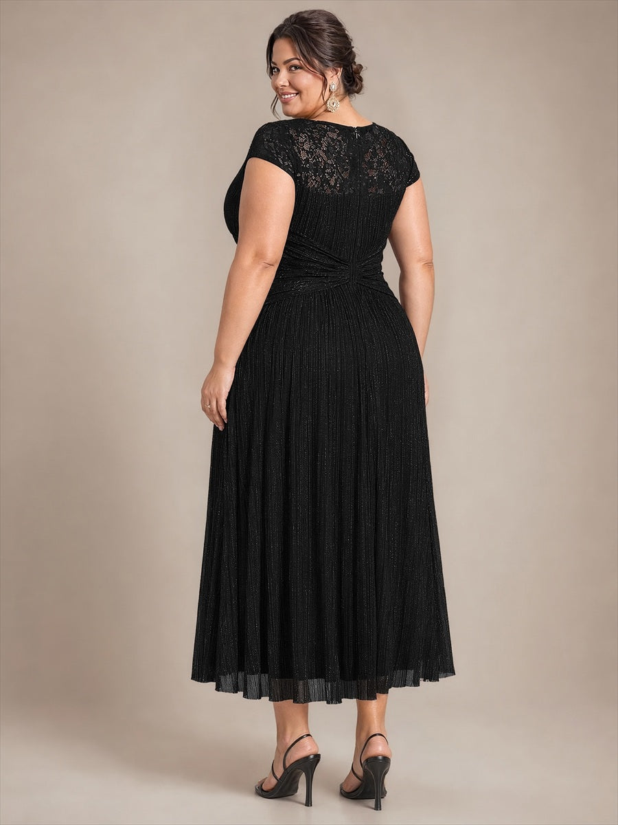 Midi Tee Länge A Linie Kleid Rund Ausschnitt Tüll Elegantes Design Besondere Anlässe #Farbe_Schwarz