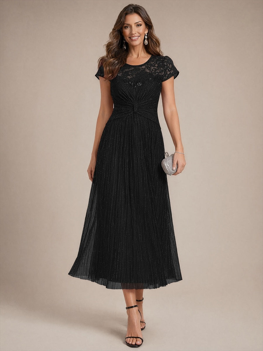 Midi Tee Länge A Linie Kleid Rund Ausschnitt Tüll Elegantes Design Besondere Anlässe #Farbe_Schwarz
