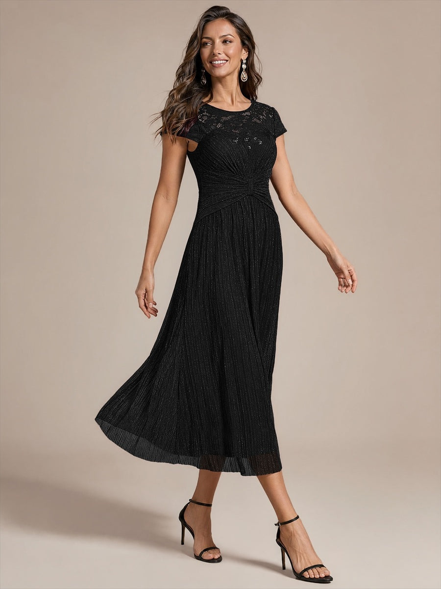 Midi Tee Länge A Linie Kleid Rund Ausschnitt Tüll Elegantes Design Besondere Anlässe #Farbe_Schwarz