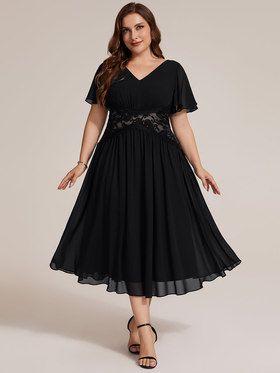 Midi Tee-Länge A-Linie Kleid Mit V-Ausschnitt Chiffon Stoff Und Rüschen Eleganter Stil Kleid #Farbe_Schwarz